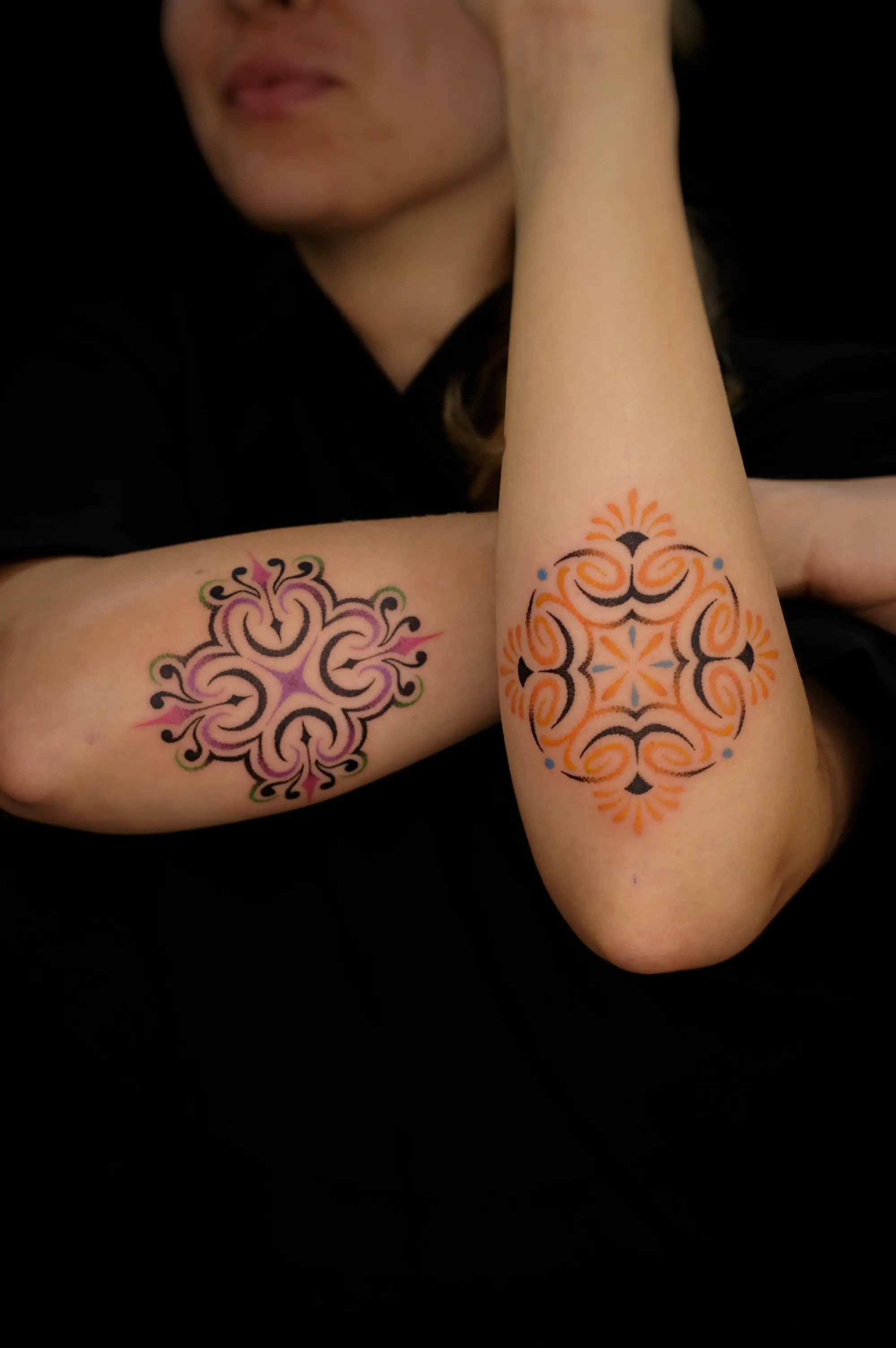 lady bao colorful ornamental dotwork tattoo, elbow