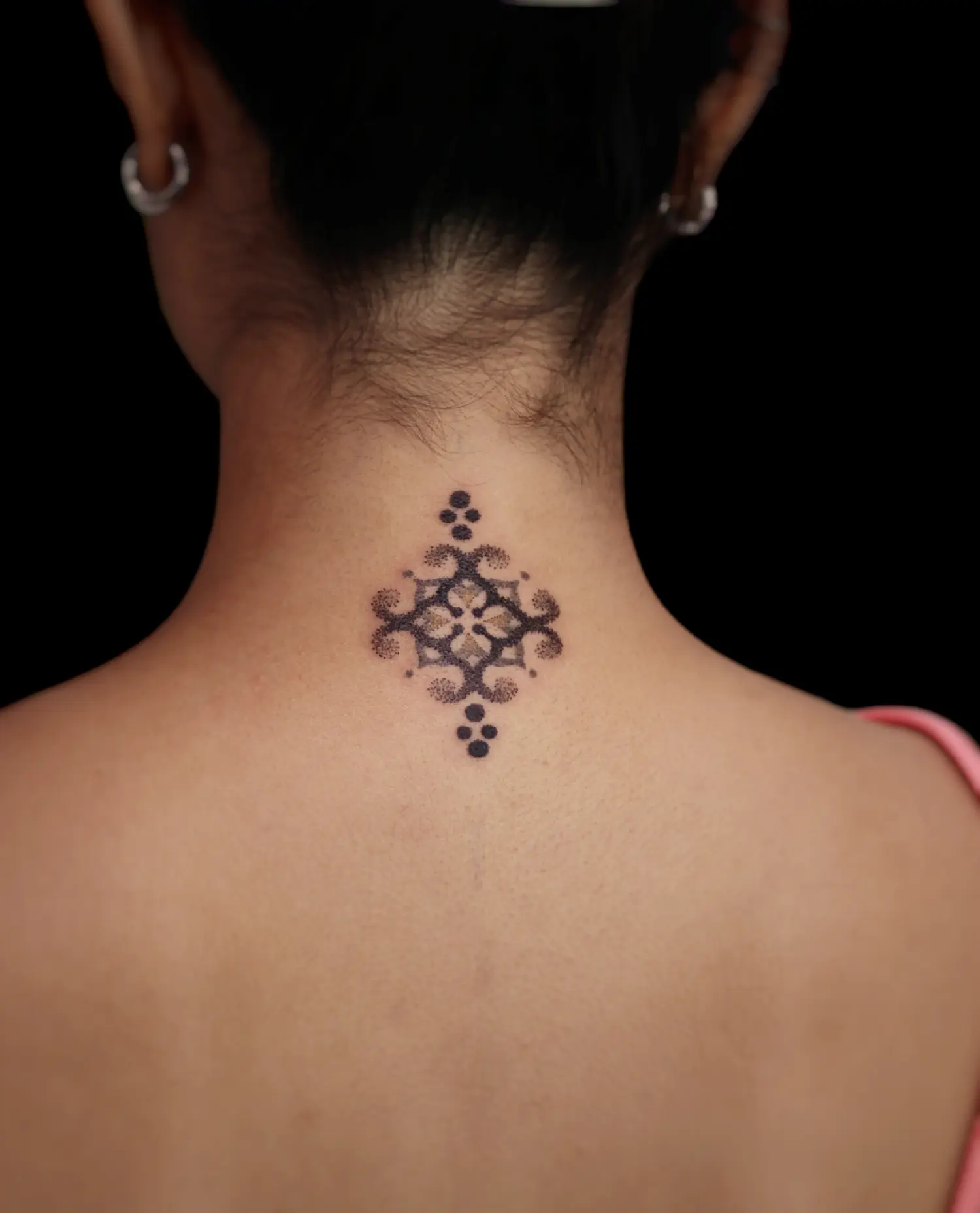 lady bao blackwork ornamental dotwork tattoo, back of neck