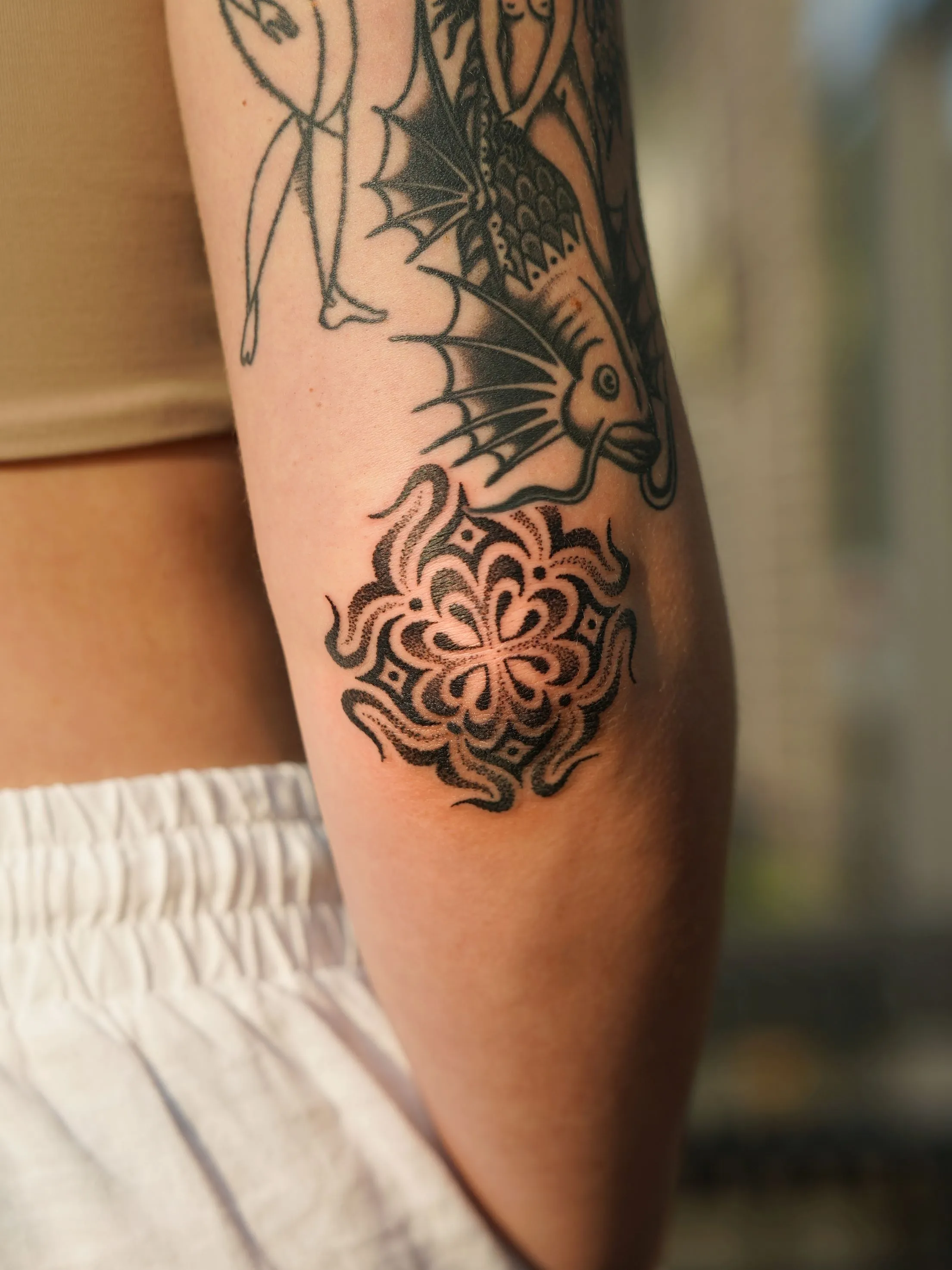 lady bao blackwork ornamental dotwork tattoo, elbow